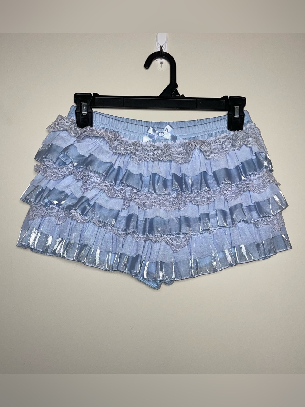 SHEIN S Bow Front Blue Tiered Iridescent Lace Layered Skort Coquette Festival
